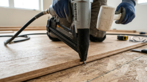 Flooring nailer on hardwood plank