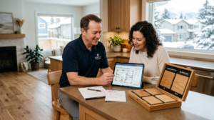 Consultant reviewing floor plan