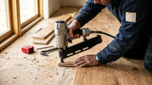 Hands installing hardwood flooring