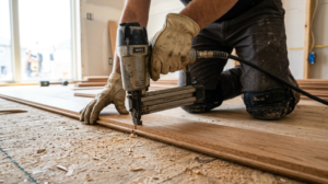 Hands installing hardwood flooring