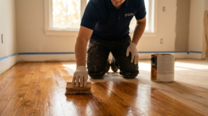Technician applying finish to floor