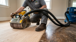 Technician operating floor sander