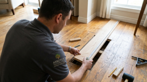 Technician repairing hardwood floor