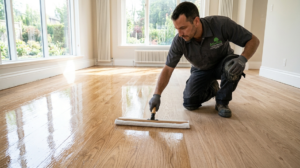 flooring installer applying polyurethane