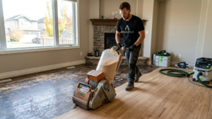 hardwood floor restoration in progress