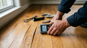 Contractor checking hardwood floor