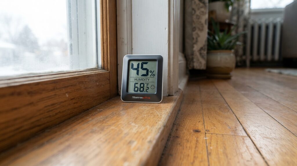 Hygrometer on wooden table