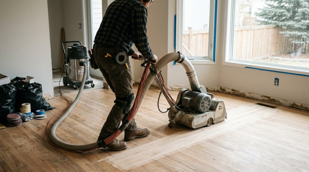 Technician sanding hardwood floor